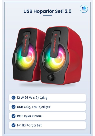 Hoparlör Seti 2.0 Usb Rgb Işıklı Kırmızı Multimedya 12w Bilgisaya