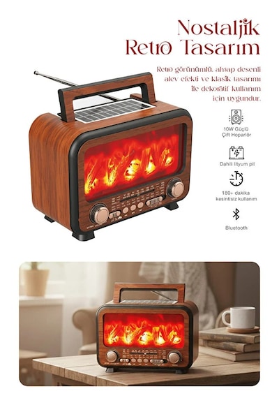 Güneş Enerjili Nostaljik Alev Efektli Şömine Tasarım Bluetooth Hoparlör Radyo