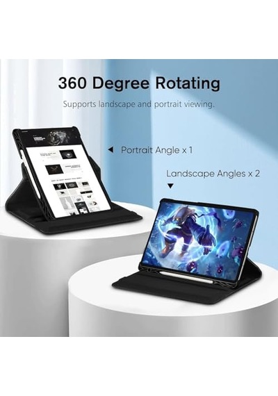 Galaxy Uyumlu Tab S9 Fe X510 Kılıf, 360 Derece Dönebilen Standlı Deri Akıllı Tablet Kılıfı, Kalem Bölmeli Elastik Bandajlı Koruyucu Kapak - Siyah