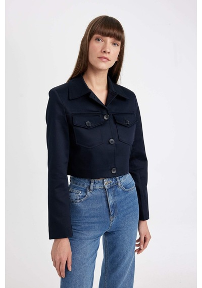 Defacto Crop Gömlek Yaka Düğmeli Cep Detaylı Blazer Ceket D4276AX24AU Lacivert