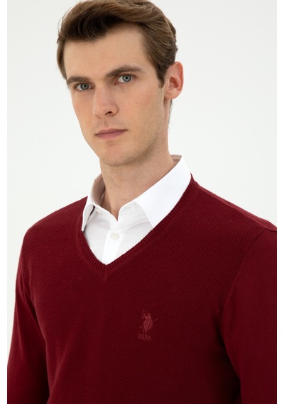 U.S. Polo Assn. Erkek Slim Fit V Yaka Bordo Basic Kazak 50288886-VR014