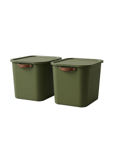 Ayrex 2 Adet Modern Kapaklı Büyük Boy Saklama Kutu Seti -20 Litre Yeşil- Taşınabilir Kulplu, Dolap İçi Düze Genel