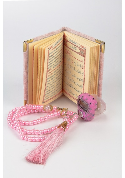 Taşlı Zikirmatik - Mini Kadife Yasin - İnci Tesbihli Hediyelik Set - Pembe Renk