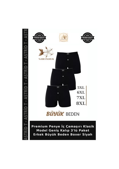 Astrid T Premium Penye İç Çamaşırı Klasik Model Geniş Kalıp 3'lü Paket Erkek Büyük Beden Boxer Siyah Siyah-3