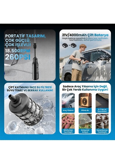 Hx-3000 Yüksek Basınçlı Araç Yıkama Makinesi 260psı 18.500rpm 4000mah Çift Batarya Yıkama Tabancası