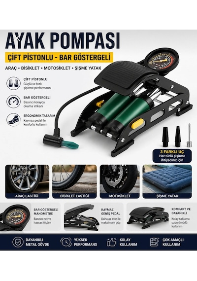980p Çift Piston 160 Psi Bisiklet Motor Tekeri Şişme Havuz El Ve Ayak Hava Pompası