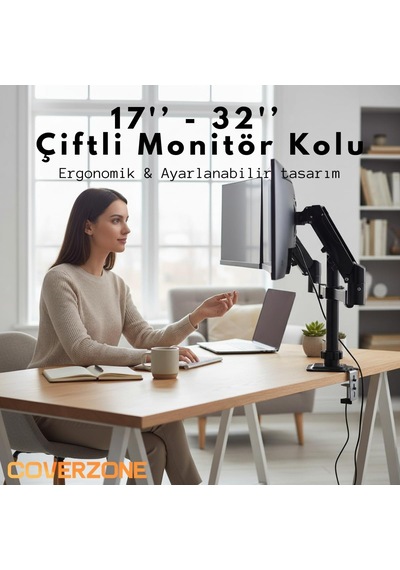 17 32 İnç Amortisörlü Çiftli Pivot Monitör Kolu, Gazlı Yaylı, 2 9 Kg, Çift Montaj Seçeneği Sıkıştırma Ve Vidalama, 360 Döner, Vesa Uyumlu Stant, M02, Siyah