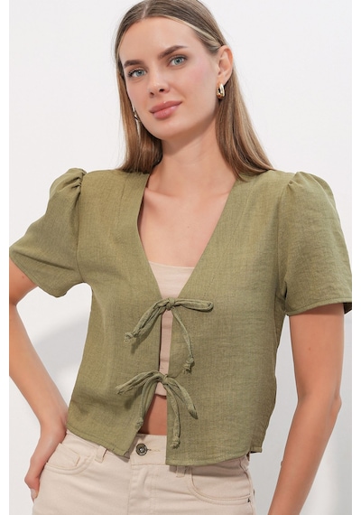 Hiccup Bdart Dokulu V-yaka Keten Karışımlı Crop Top Haki
