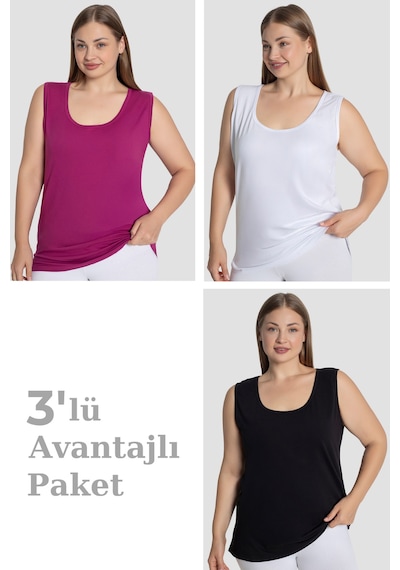 Arma Yıldız Kadın Pamuklu Büyük Beden Kalın Askılı Atlet 3'lü Paket Mor Beyaz Siyah