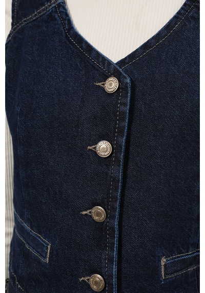 Banny Jeans Kadın V Yaka Düğmeli %100 Pamuk Jean Yelek Lacıvert