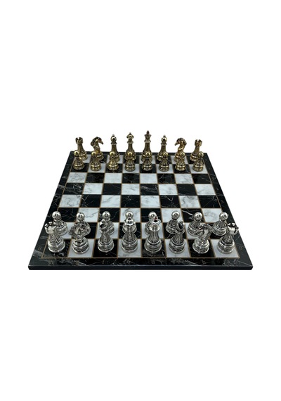 Gifthome Premium Battal Boy Metal İşlemeli Klasik Satranç Takımı Ve Katlanır Mermer Desenli Mdf Satranç Tahtası 43x43 Cm.