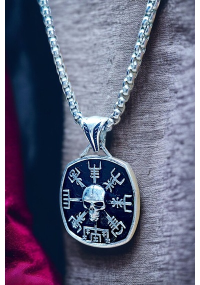 Gümüş Kaplama K-142 Paslanmaz Kromix Erkek Madalyon İskandinav Viking Vegvisir Koruma Sembolleri Gri