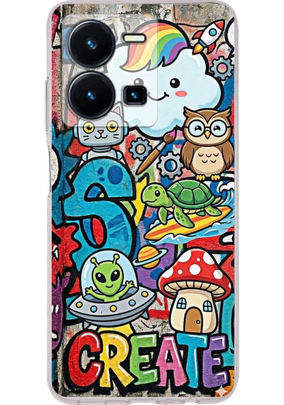 Vivo Y22s İle Uyumlu Grafiti Create Art Tasarımlı Şeffaf Silikon Kılıf Şeffaf
