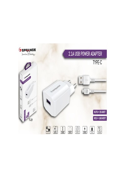 Sprange T-21 2.1A 10,5W Type-C Şarj +Usb Data Kab