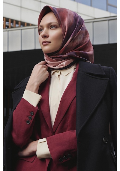 Poanes Karma Desenli Twill İpek Eşarp Açık Pembe - Pembe
