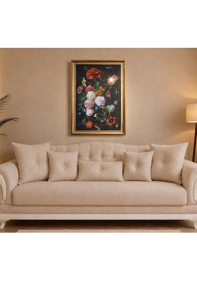 Vintage Gold Çerçeveli Tablo Vazo Ve Çiçekler 60x80 Cm