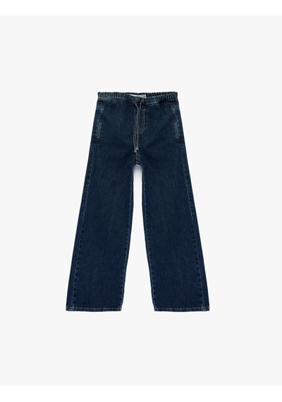 Koton Pamuklu Beli Bağcıklı Geniş Paça Denim Pantolon Koyu İndigo 6skg40033ad Koyu Indigo