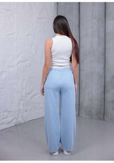 Myrab Denim Kadın Mavi Baggy Keten Pantolon Lastikli Bel Bağcıklı Rahat Geniş Paça Yazlık Pantolon