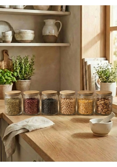 Leelahome 6'lı Set Bambu Vakum Kapaklı Cam Saklama Kabı 1000 Ml Şeffaf