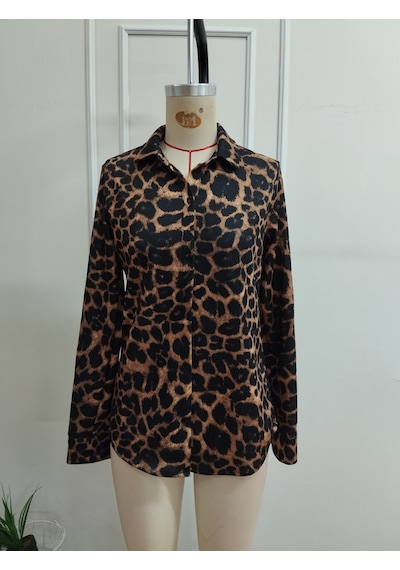 Kadın Uzun Kollu Yakalı Önden Düğmeli Leopar Desenli Modal Gömlek Bluz Kahve