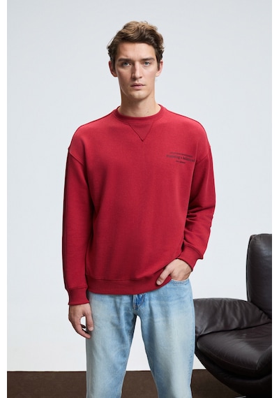 Grımelange CASPIAN Erkek %100 Pamuk Bisiklet Yaka Karyoka Dikişli Baskılı Kırmızı Sweatshirt