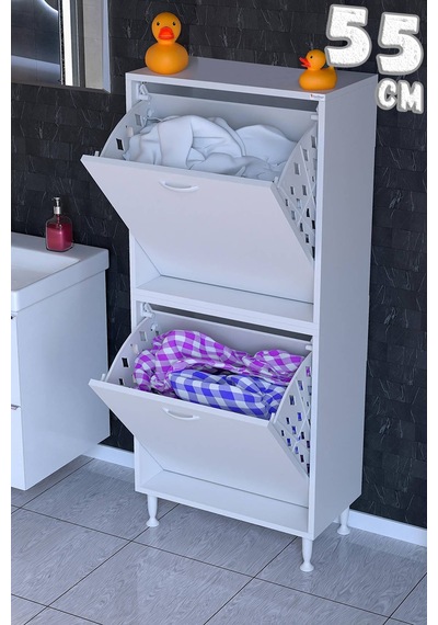 Deniz 2 Katlı Kirli Sepeti, Çok Amaçlı Banyo Dolabı - 55 X 138 X 32,5 Cm 55 Cm