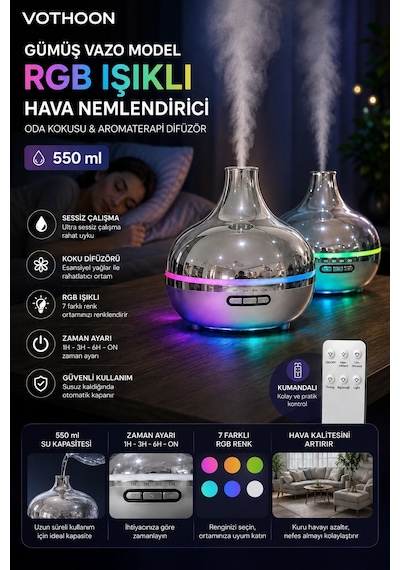 Tcx Gümüş Vazo Model Rgb Işıklı Hava Nemlendirici & Aromaterapi Difüzör 550 Ml Kumandalı
