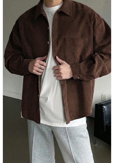 Genius Store Erkek Gömlek Fitilli Kadife Oversize Gömlek Yaka Cepli Uzun Kollu Ceket Gömlek Kahverengi