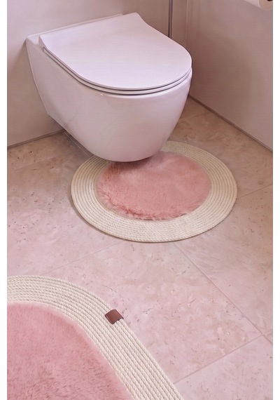 Banyo Paspası Takımı 60x100+60x60 Cm Düz Pembe & Krem
