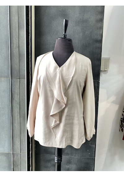 Pera Moda Büyük Beden Önü Fırfırlı Modal Bluz Gömlek Taş