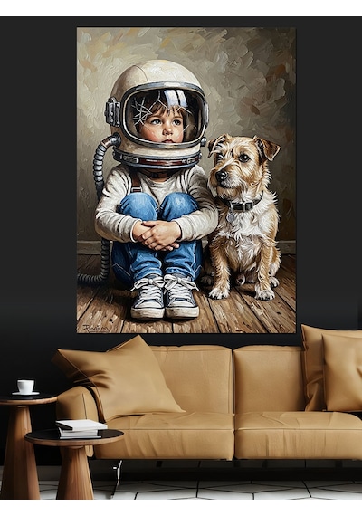 Ahşap Tablo Astronot Çocuk Ve Köpek Dostu Hayvan Tabloları