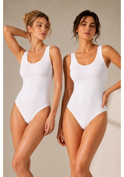 Loule Kadın 2'li Beyaz %95 Pamuklu Geniş Askılı Alttan Kancalı Body