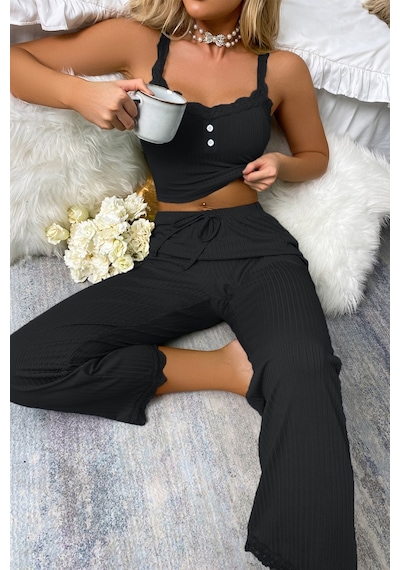 Merry See Dantel Askılı Ribanalı Crop Ve Uzun Dantel Paça Pijama Takımı Siyah