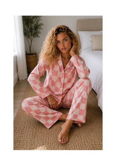 Fit Women Kadın Örme Gömlek Yaka Pembe Pijama Takımı