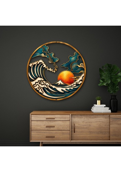 Japon Dalgası Madalyon - Metal Tablo - Dec0192 60 X 60 Cm Çok Renkli