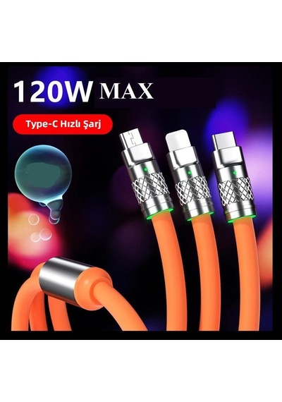 Zhltools 3 İn 1 Usb To Type-c - Micro Usb - Lightning 120w Hızlı Şarj Kablosu 1.2 Metre Turuncu