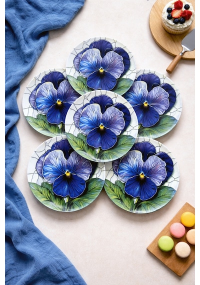 Grandora Mor Çiçek Desenli 6 Adet 20 Cm Pasta Veya Tatlı Tabağı Modern Şık Sunum Tabağı Mor