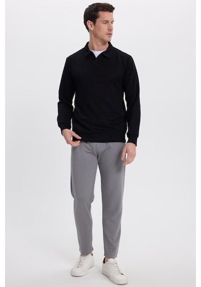 Tudors Erkek Relax Fit Rahat Kesim Polo V Yaka Siyah Sweatshirt-41922 Siyah