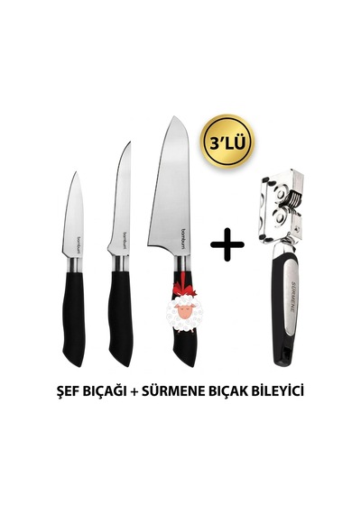 Nishev Mastercut 3'lü Şef Bıçağı Seti Sürmene Bıçak Bileyici / Kurban Bayramına Özel Set Renkli