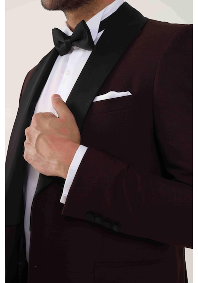 Dufy Bordo Erkek Slim Fit Düz Sivri Yaka Smokin Takım - 84171-Bordo