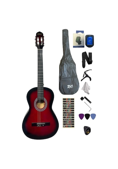4/4 Tam Boy Kırmızı Klasik Gitar Akort Cihazı Kılıf Kapo Askı Pena Sticker Çevirici