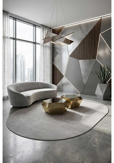 Geometrik Abstract Desenli Prato İpeksi Lüks Viskon Oval Halı Pr04 Gri Krem-bej