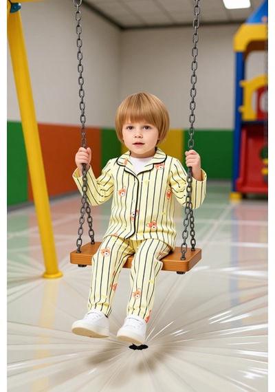 Ersefa Sevimli Ayıcık Baskılı Yumuşak Erkek Çocuk Pijama Takımı Kaliteli Sarı