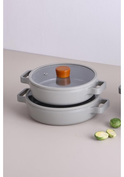 Neoflam Fika Cam Kapaklı Alüminyum 2'li Sahan Set 20 - 22cm Gri