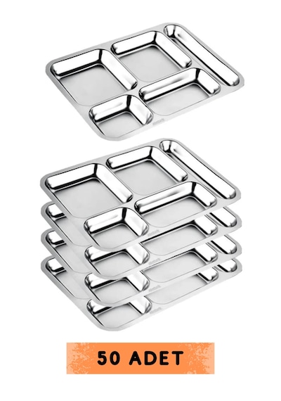 Paslanmaz Çelik 5 Bölmeli Metal Tabldot Tabağı 28x40cm 50 Adet 50 Kişilik Self Servis Tabldot gri