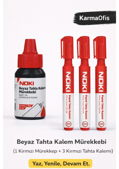 Kırmızı Tahta Kalemi + Mürekkep Seti 1 Mürekkep + 3 Kalem Kırmızı