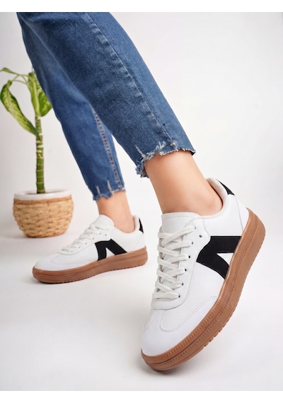 Kadın Sneaker Yüksek Taban Ortopedik Bağcıklı Spor Ayakkabı Retro Beyaz-011
