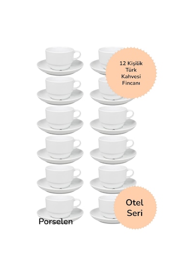 12 Kişilik Otel Seri Porselen Türk Kahvesi Fincanı Beyaz