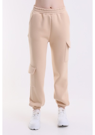Winmoda34 Kadın Jogger Kalın 3 İplik Yandan Cepli Kargo Eşofman Altı Bejj