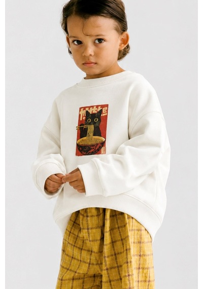 Monila Unisex Çocuk Beyaz Kedi Baskılı Pamuklu Sweatshirt Ekru